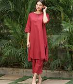 Red dobby kurta set with palazzos set-set of 2