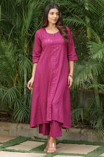 Magenta dobby cotton lurex kurta with palazzos set-set of 2