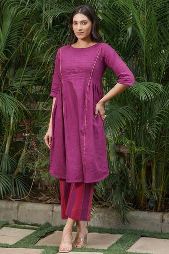Dark purple cotton slub kurta,striped purple-maroon palazzos set- set of 2