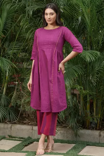 Dark purple cotton slub kurta,striped purple-maroon palazzos set- set of 2