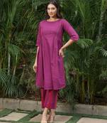 Dark purple cotton slub kurta,striped purple-maroon palazzos set- set of 2