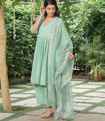 Sea-green cotton dobby kurta,cotton flex palazzos with kota doria dupatta set-set of 3