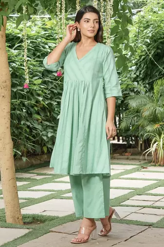 Sea-green cotton dobby kurta,cotton flex palazzos-set of 2