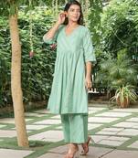 Sea-green cotton dobby kurta,cotton flex palazzos-set of 2