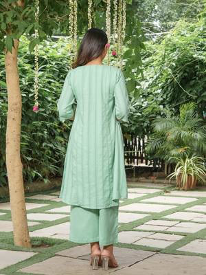 Sea-green cotton dobby kurta,cotton flex palazzos-set of 2 3