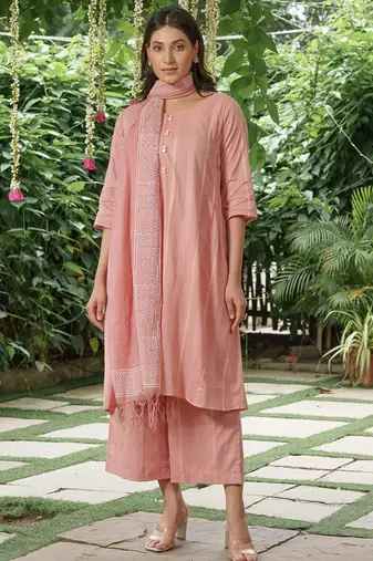 Dusty pink cotton dobby kurta,palazzos with kota doria dupatta set-set of 3
