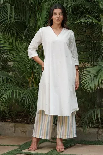 White cotton polka dobby kurta with stripes palazzos set-set of 2