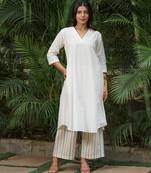 White cotton polka dobby kurta with stripes palazzos set-set of 2