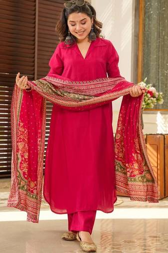 Women's Beautiful South Cotton Fabric Straight Kurta with Pant And Dupatta Set