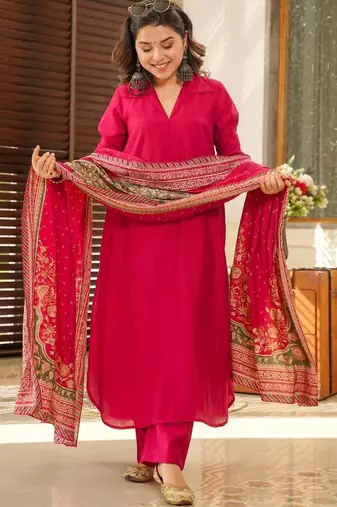Women's Beautiful South Cotton Fabric Straight Kurta with Pant And Dupatta Set