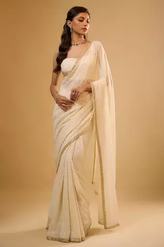 Ivory embroidered georgette saree