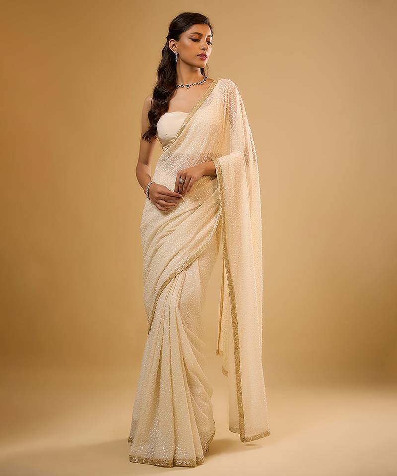 Ivory embroidered georgette saree
