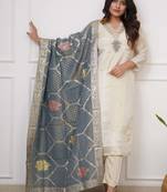 Beautiful Embroidery Viscose Chanderi Fabric Straight Kurta Pant with Dupatta Set