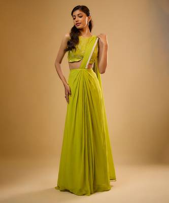 Green Embroidered Georgette Semi Saree 1