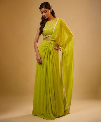 Green Embroidered Georgette Semi Saree 2