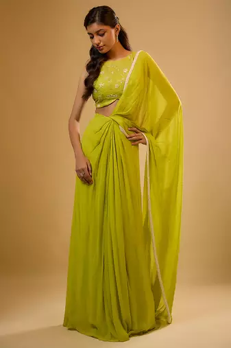 Green Embroidered Georgette Semi Saree