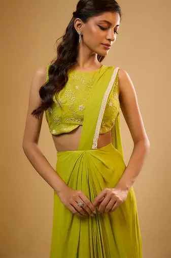 Green Embroidered Georgette Semi Saree