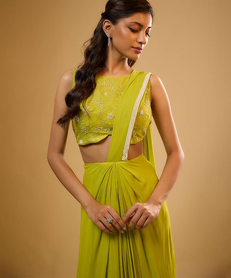 Green Embroidered Georgette Semi Saree