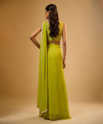 Green Embroidered Georgette Semi Saree 5