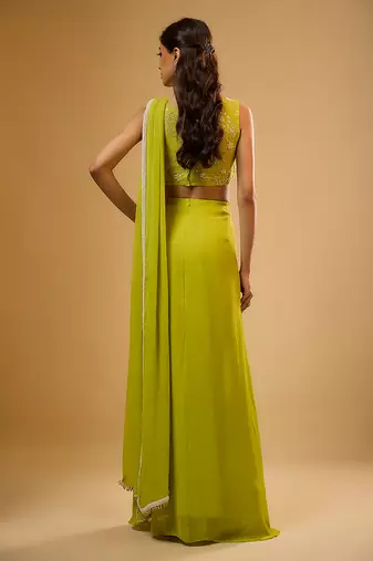 Green Embroidered Georgette Semi Saree