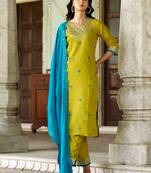 Beautiful Embroidery Viscose Chanderi Straight Kurta Pant with Dupatta Set