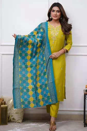 Beautiful Embroidery Viscose Chanderi Fabric Straight Kurta Pant with Dupatta Set