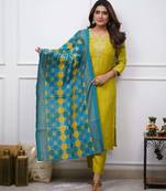 Beautiful Embroidery Viscose Chanderi Straight Kurta Pant with Dupatta Set