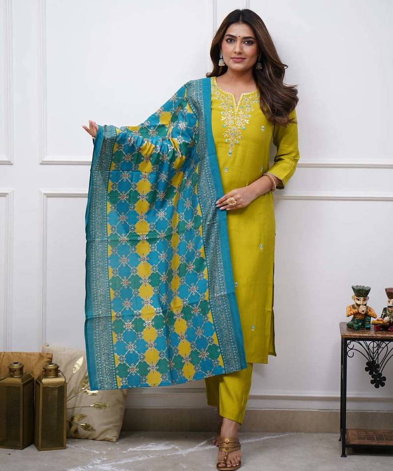 Beautiful Embroidery Viscose Chanderi Fabric Straight Kurta Pant with Dupatta Set