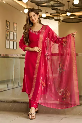 Red color viscose fabric designer embroidered readymade kurta set with dupatta