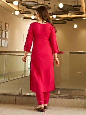 Red color viscosee embroidered readymade kurta set with dupatta 2