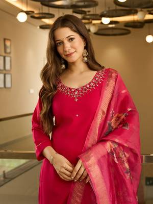 Red color viscosee embroidered readymade kurta set with dupatta 3