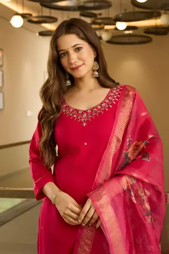 Red color viscosee embroidered readymade kurta set with dupatta