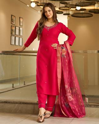 Red color viscosee embroidered readymade kurta set with dupatta 4
