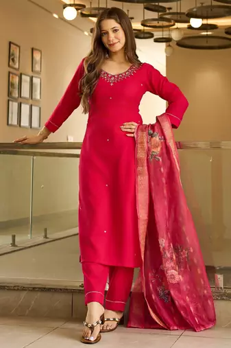 Red color viscosee embroidered readymade kurta set with dupatta