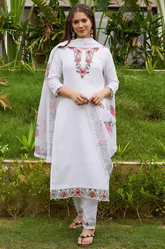 White color viscose fabric designer embroidered readymade kurta set with dupatta