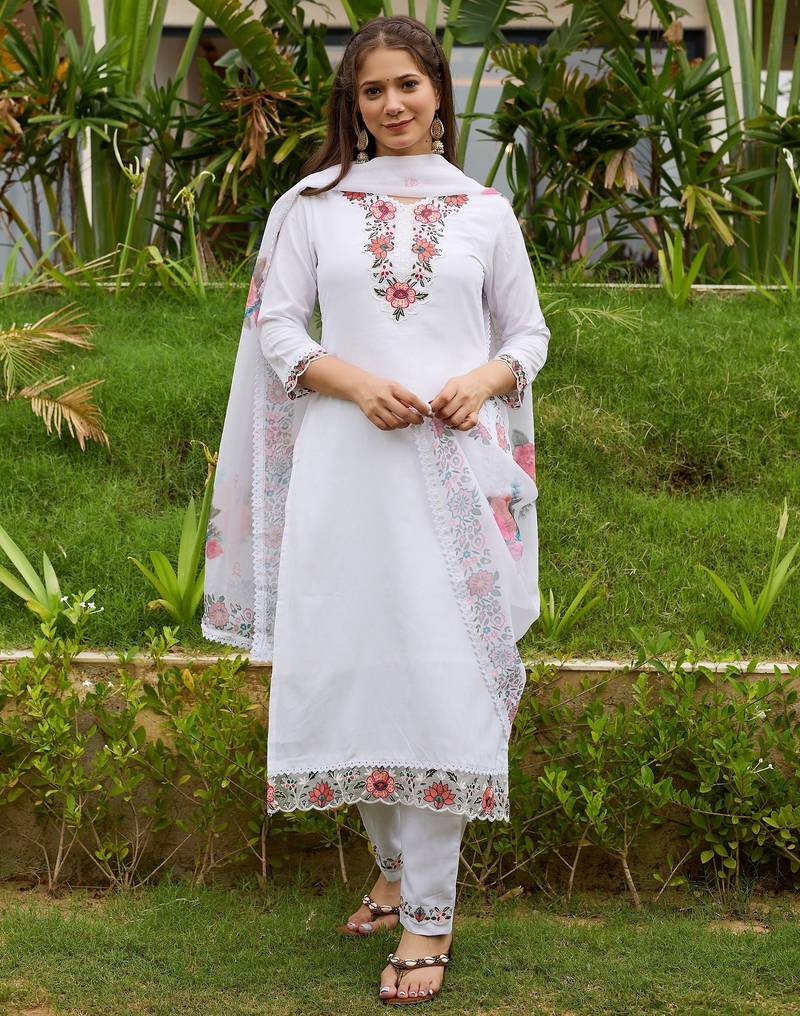White color viscose fabric designer embroidered readymade kurta set with dupatta