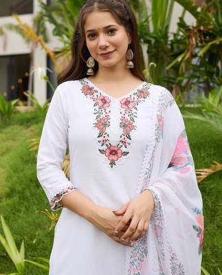 White color viscosee embroidered readymade kurta set with dupatta 3