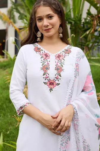 White color viscosee embroidered readymade kurta set with dupatta