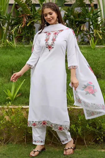 White color viscosee embroidered readymade kurta set with dupatta