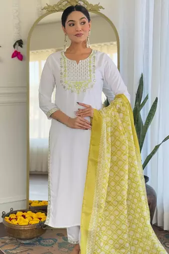 White color viscose fabric designer embroidered readymade kurta set with dupatta