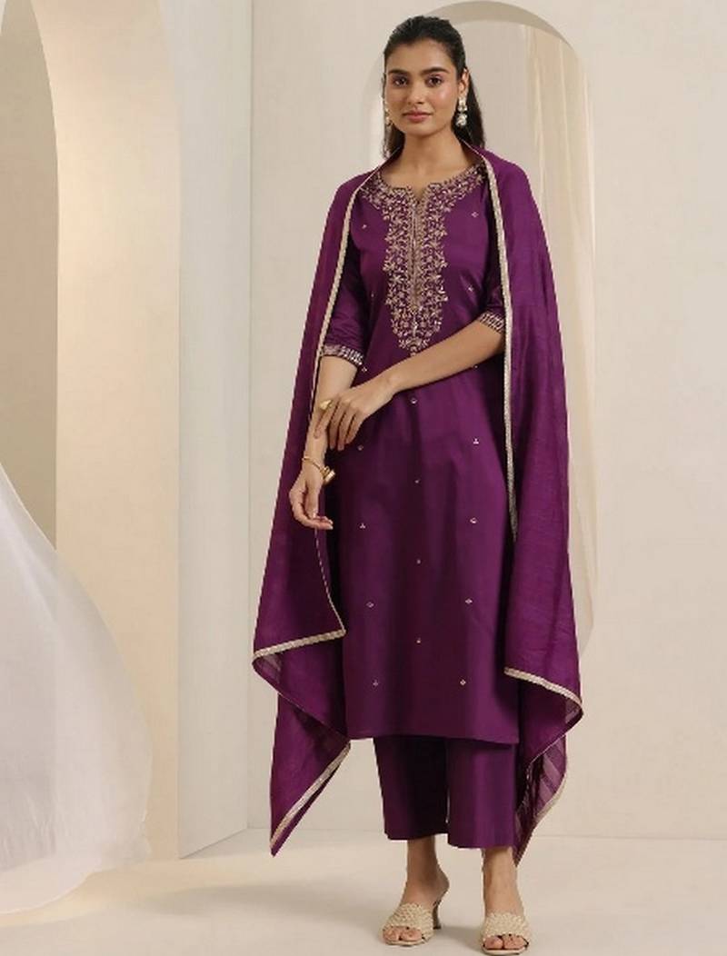 Purple color viscose chanderi fabric beautiful and ethnic readymade kurta set