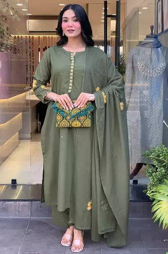 Grey color chanderi fabric designer embroidered readymade kurta set with dupatta