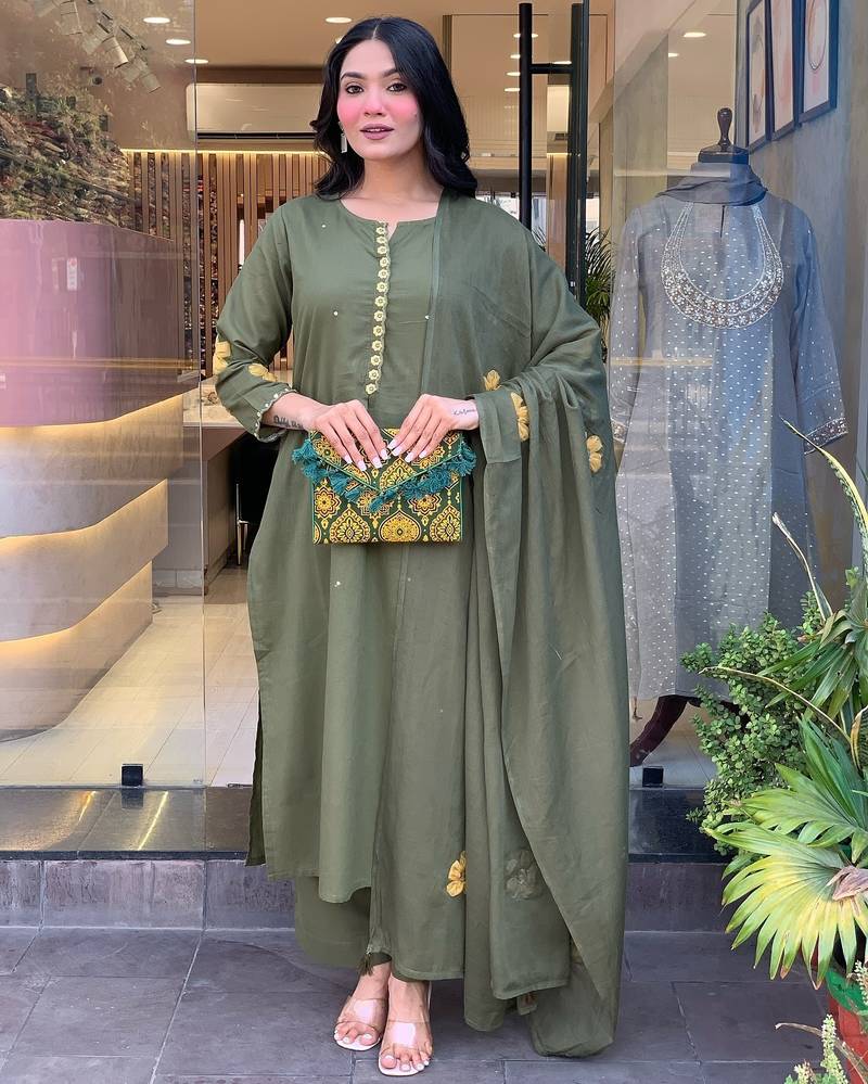 Grey color chanderi fabric designer embroidered readymade kurta set with dupatta