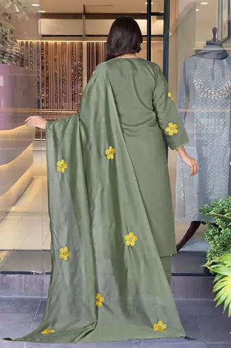 Grey color chanderi embroidered readymade kurta set with dupatta