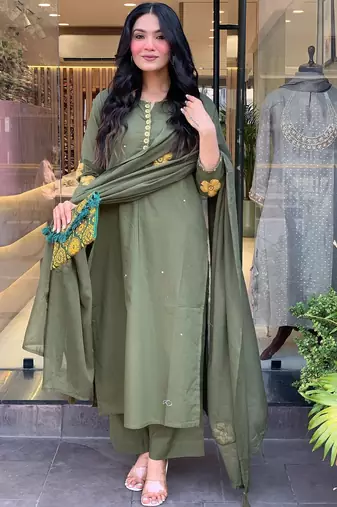 Grey color chanderi embroidered readymade kurta set with dupatta