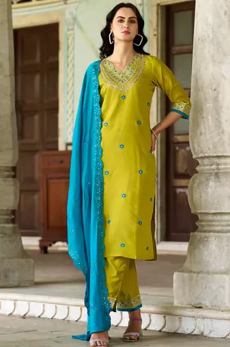 Lemon color viscose chanderi fabric designer embroidered readymade kurta set with dupatta