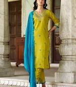 Lemon color viscosee chanderi fabric embroidered readymade kurta set with dupatta