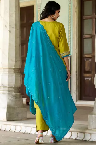 Lemon color viscosee chanderi embroidered readymade kurta set with dupatta
