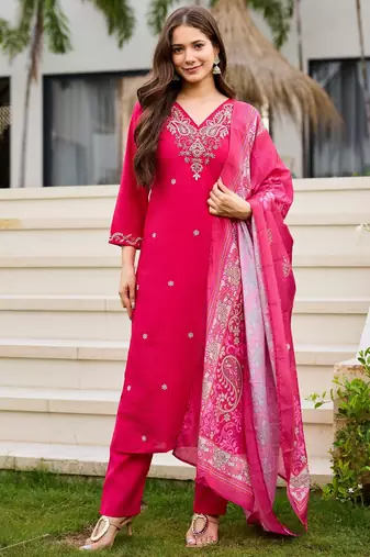 Pink color roman silk fabric designer embroidered readymade kurta set with dupatta