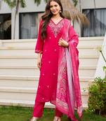 Pink color roman silk fabric designer embroidered readymade kurta set with dupatta
